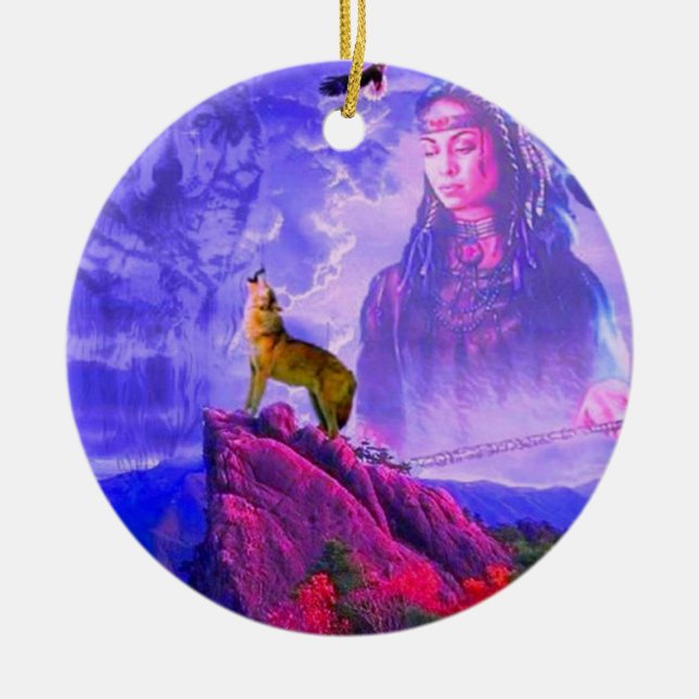 The Call Of The Great Wolf Spirit Ceramic Ornament (Front)