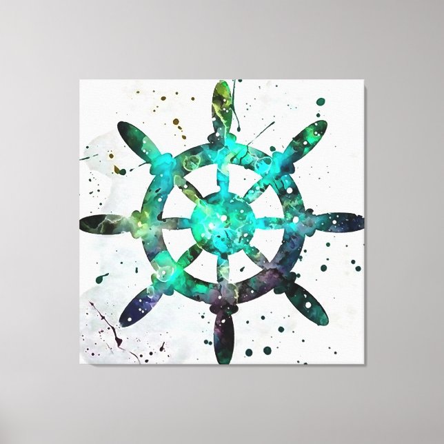 The Captains Wheel In Blue Green Ocean Colours Canvas Print (Front)