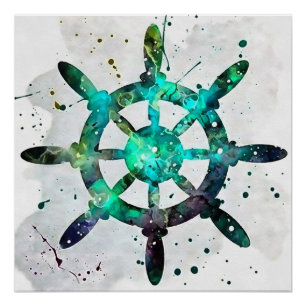 The Captains Wheel In Blue Green Ocean Colours Poster