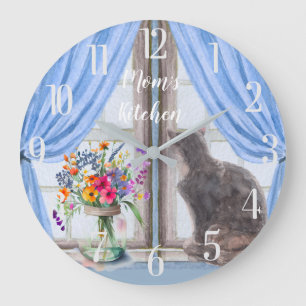 The Cat at the Window Vase Flowers Large Clock