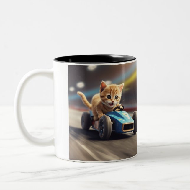 The cat drives a blue racing car 2024 Two-Tone coffee mug (Left)