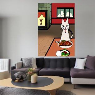The cat eats mystery meat   AI Art Poster