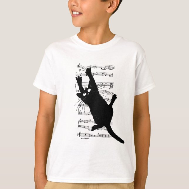 The cat hangs on musical notes T-Shirt (Front)