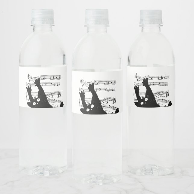 The cat hangs on musical notes water bottle label (Bottles)