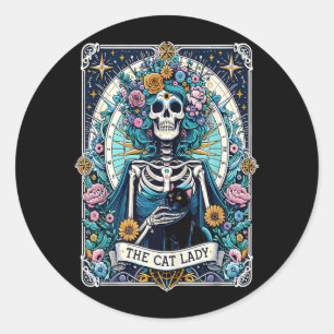 The Cat Lady Tarot Card Skeleton Cat Mom Cat Lover Classic Round Sticker