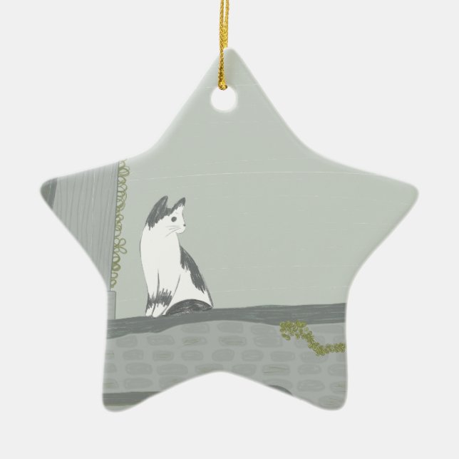 The cat on the fence ceramic ornament (Front)