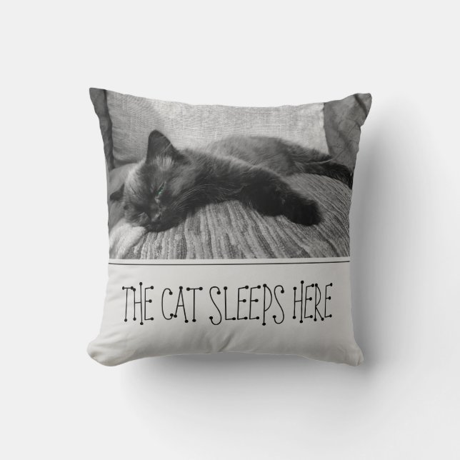 The Cat Sleeps Here Throw Pillow (Front)