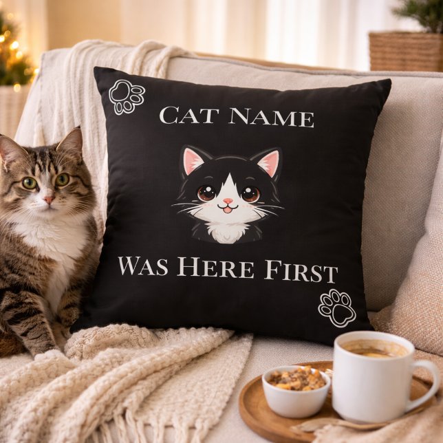 The Cat Was Here First Name Custom Throw Pillow (Creator Uploaded)