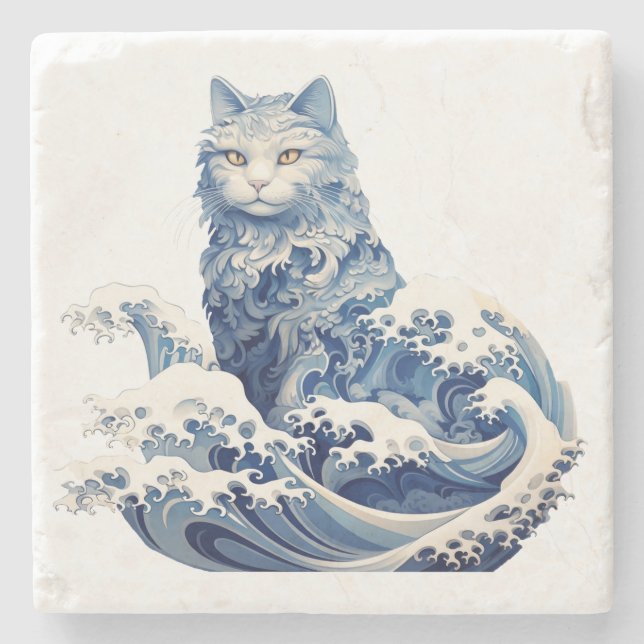 The Cat Wave Off Kanagawa Stone Coaster (Front)