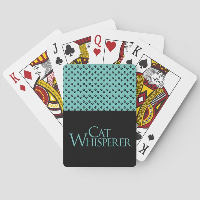 The Cat Whisperer black and teal fun saying Playing Cards (Back)