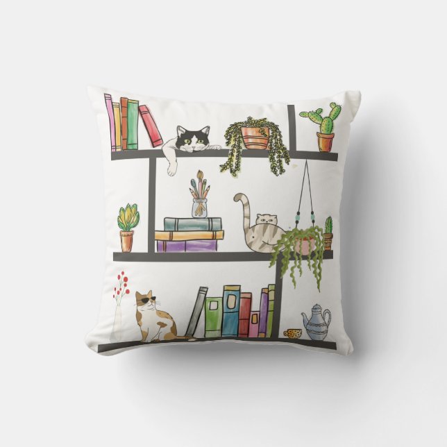 The Cats Lying on a Bookshelf, Cat and Books Throw Pillow (Front)