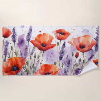 The Charm of Nature: Poppies and Lavender in Water Beach Towel