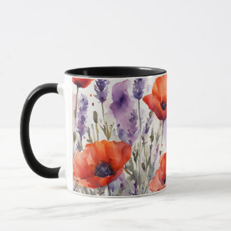 The Charm of Nature: Poppies and Lavender in Water Mug