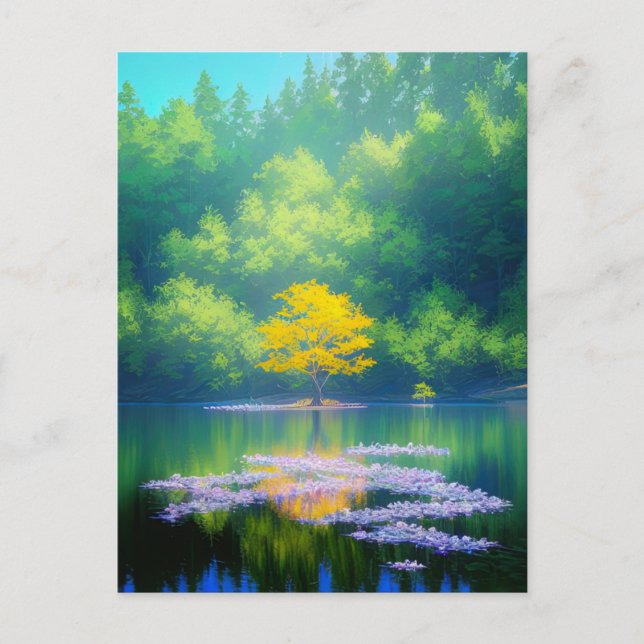 The Charming Yellow Tree in the Heart of the Lake Postcard (Front)