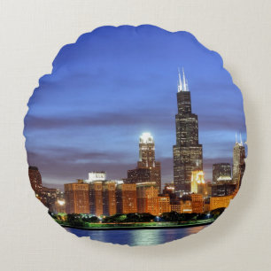 The Chicago skyline from the Adler Planetarium Round Pillow