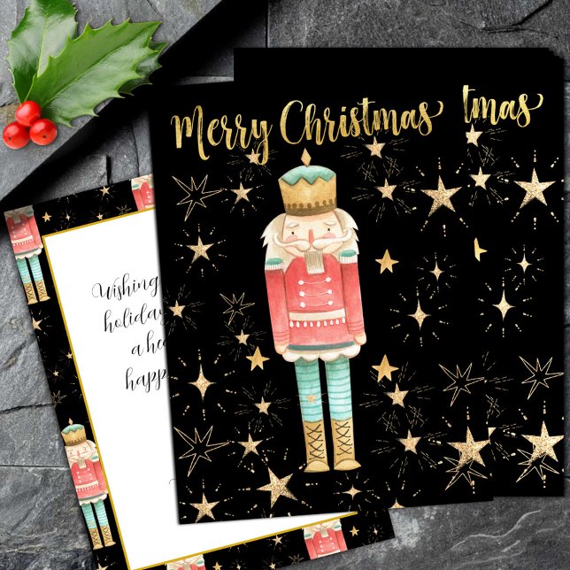 The Christmas Nutcracker Gold Starry Night Holiday Card (The Christmas Nutcracker Gold Starry Night Merry Christmas Flat Holiday Card)