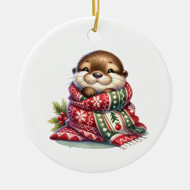 The Christmas Otter in a Scarf Ceramic Ornament (Front)