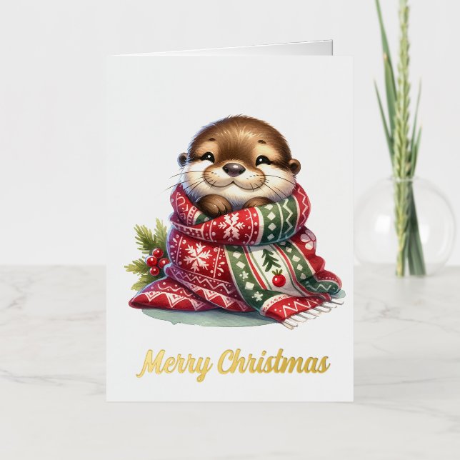 The Christmas Otter in a Scarf Foil Greeting Card (Front)
