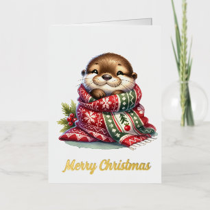 The Christmas Otter in a Scarf Foil Greeting Card