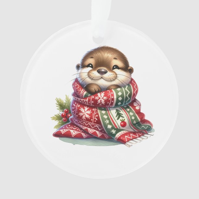 The Christmas Otter in a Scarf Ornament (Front)