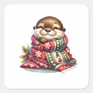The Christmas Otter in a Scarf Square Sticker
