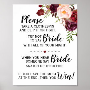 The clothespin game bridal shower marsala sign