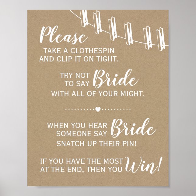 The clothespin game bridal shower rustic sign (Front)