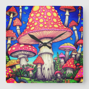 The Colorful Red and Yellow Mushrooms on a   Square Wall Clock