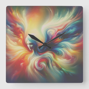 The Colorful Wispy Angel on Front of a   Square Wall Clock