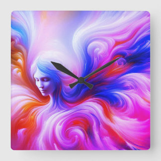 The Colorful Wispy Angel on Front of a   Square Wall Clock