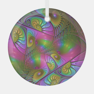 The Colourful Luminous Modern Abstract Fractal Art Glass Ornament