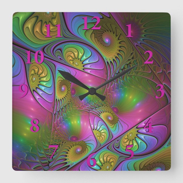 The Colourful Luminous Modern Abstract Fractal Art Square Wall Clock (Front)