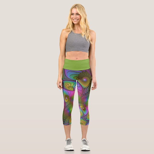 The Colourful Luminous Trippy Abstract Fractal Art Capri Leggings (Front)