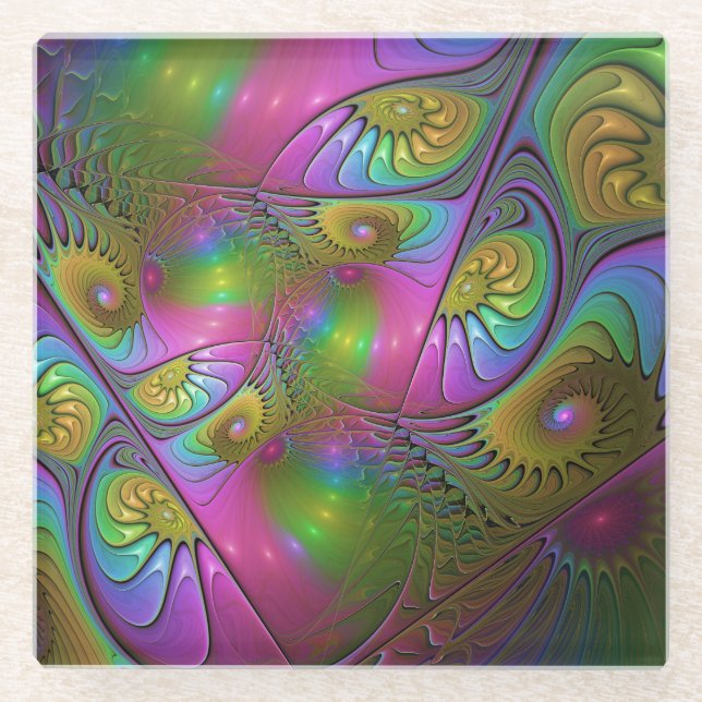 The Colourful Luminous Trippy Abstract Fractal Art Glass Coaster (Front)