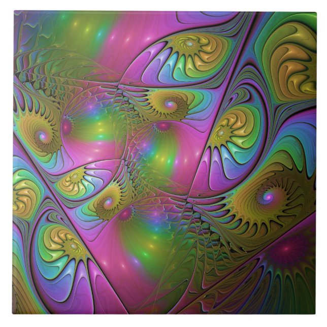 The Colourful Luminous Trippy Abstract Fractal Art Tile (Front)