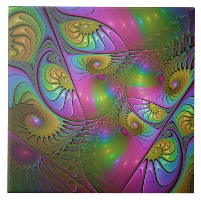 The Colourful Luminous Trippy Abstract Fractal Art Tile (Front)