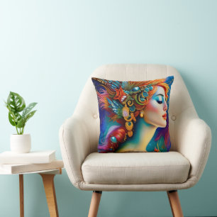 The Colourful Mermaid AI Art Portrait Throw Pillow