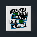 The Coolest People on Earth Live in Altamont 2 Inch Square Button<br><div class="desc">This design features bold, layered text with the phrase "The Coolest People on Earth Live in Altamont" in a striking cool color palette. A globe graphic, integrated with coordinating blue and green blocks, symbolizes the city's global appeal. The design is suitable for showcasing local pride, as it boldly declares Altamont's...</div>