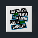 The Coolest People on Earth Live in Danville 2 Inch Square Button<br><div class="desc">This design features bold, layered text with the phrase "The Coolest People on Earth Live in Danville" in a striking cool color palette. A globe graphic, integrated with coordinating blue and green blocks, symbolizes the city's global appeal. The design is suitable for showcasing local pride, as it boldly declares Danville's...</div>