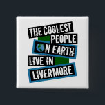 The Coolest People on Earth Live in Livermore 2 Inch Square Button<br><div class="desc">This design features bold, layered text with the phrase "The Coolest People on Earth Live in Livermore" in a striking cool color palette. A globe graphic, integrated with coordinating blue and green blocks, symbolizes the city's global appeal. The design is suitable for showcasing local pride, as it boldly declares Livermore's...</div>