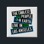 The Coolest People on Earth Live in Los Angeles 2 Inch Square Button<br><div class="desc">This design features bold, layered text with the phrase "The Coolest People on Earth Live in Los Angeles" in a striking cool color palette. A globe graphic, integrated with coordinating blue and green blocks, symbolizes the city's global appeal. The design is suitable for showcasing local pride, as it boldly declares...</div>