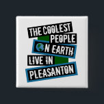 The Coolest People on Earth Live in Pleasanton 2 Inch Square Button<br><div class="desc">This design features bold, layered text with the phrase "The Coolest People on Earth Live in Pleasanton" in a striking cool color palette. A globe graphic, integrated with coordinating blue and green blocks, symbolizes the city's global appeal. The design is suitable for showcasing local pride, as it boldly declares Pleasanton's...</div>