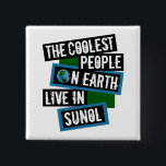 The Coolest People on Earth Live in Sunol 2 Inch Square Button<br><div class="desc">This design features bold, layered text with the phrase "The Coolest People on Earth Live in Sunol" in a striking cool color palette. A globe graphic, integrated with coordinating blue and green blocks, symbolizes the city's global appeal. The design is suitable for showcasing local pride, as it boldly declares Sunol's...</div>