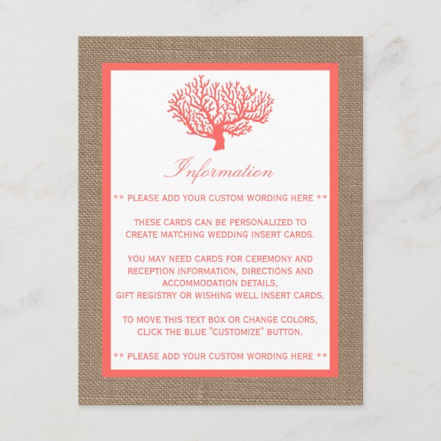 The Coral On Burlap Boho Beach Wedding Collection Enclosure Card (Front)