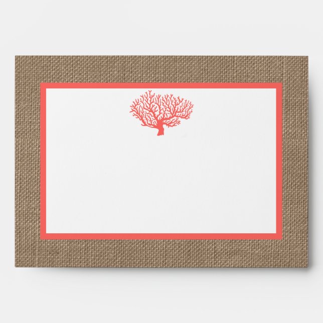 The Coral On Burlap Boho Beach Wedding Collection Envelope (Front)