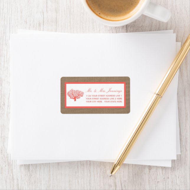 The Coral On Burlap Boho Beach Wedding Collection Label (Insitu)