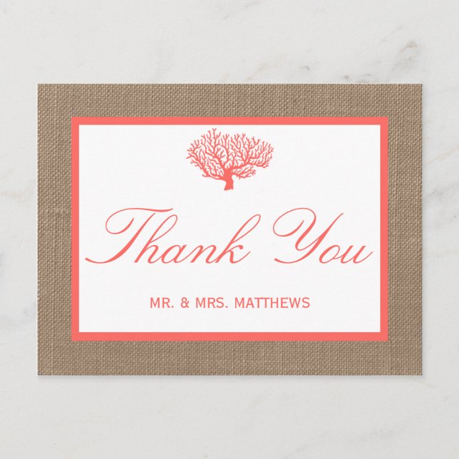 The Coral On Burlap Boho Beach Wedding Collection Postcard (Front)