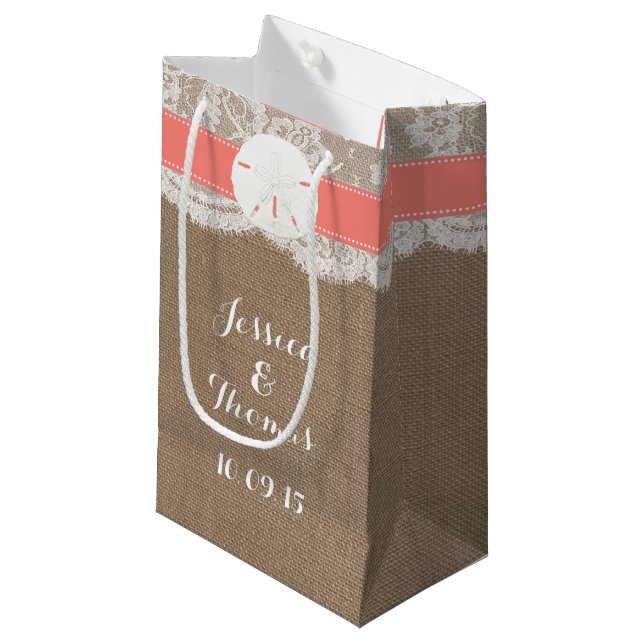 The Coral Sand Dollar Beach Wedding Collection Small Gift Bag (Front Angled)
