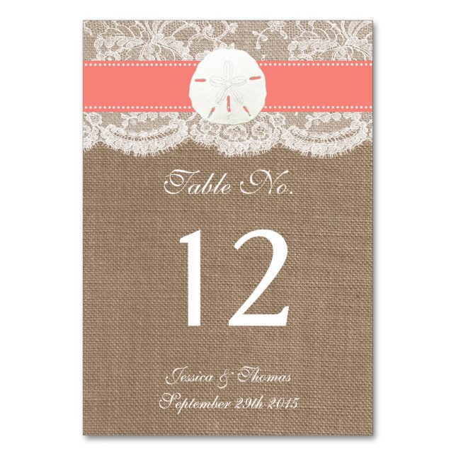 The Coral Sand Dollar Beach Wedding Collection Table Number (Front)