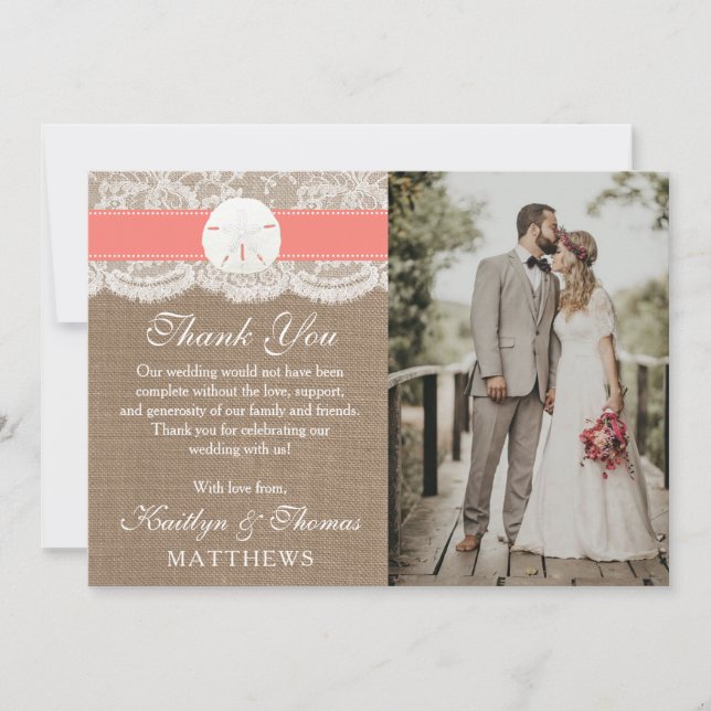 The Coral Sand Dollar Beach Wedding Collection Thank You Card (Front)